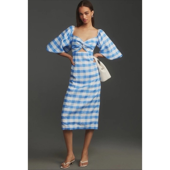 NWT Anthropologie x RHODE Noa Linen Midi Dress Short Sleeve Check Blue White 8 NWT Anthropologie x RHODE Noa Linen Midi Dress Short Sleeve Check Blue White 8